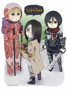 three anime characters standing next to each other on a sidewalk, one holding a basket with food in it