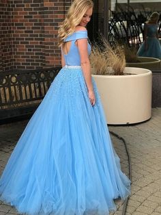 Key Features:  SKU: PO16033PO1819 Season: Spring,Summer,Fall,Winter Fabric: Tulle Neckline: Off-the-Shoulder Silhouette: A-Line/Princess Sleeve: Sleeveless Embellishment: Beading Waist: Natural Back Style: Zipper Hemline/Train: Sweep/Brush Train Shown Color: Light Sky Blue Package Weight: 1500.0000   Any questions about the item, feel free to Contact Us Aline Wedding Dresses, Blue Tulle Prom Dress, Graduation Dresses Long, Chic Prom Dresses, Beading Embroidery, Princess Prom Dresses, Junior Prom Dresses, Gown Plus Size, Long Sleeve Prom