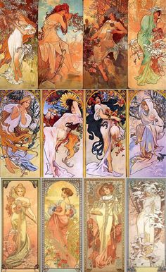 an image of art nouveau paintings in different colors