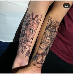 two people with tattoos on their arms and one has a lion tattoo on the arm