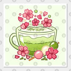 a green mug filled with liquid surrounded by pink flowers and petals on a light green background