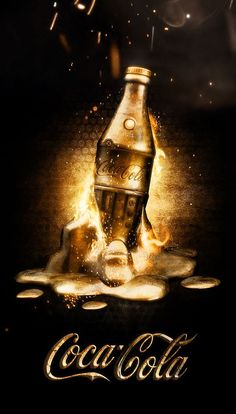 an advertisement for the coca cola company is shown in gold and black with fire coming out of it