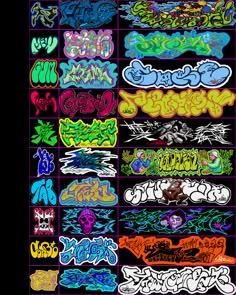 the different types of graffiti written in various colors and styles, all on one sheet