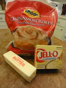 ingredients for cinnamon rolls sitting on a counter top next to a bag of ice cream