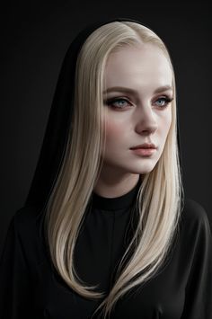 a woman with long blonde hair and blue eyes wearing a black hoodie over her head