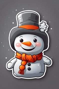 a snowman wearing a hat and scarf with an orange scarf around it's neck