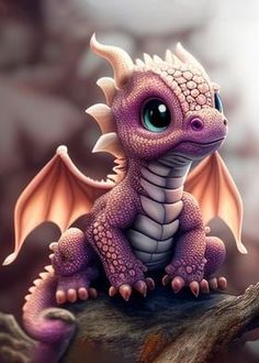 a small purple dragon sitting on top of a tree branch in front of a blurry background