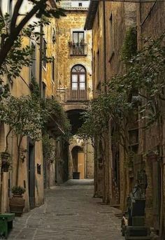 an alley way with stone buildings and trees