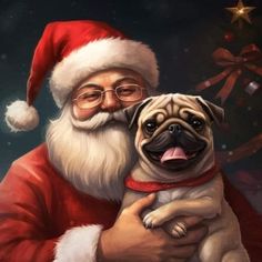 a painting of santa claus holding a pug