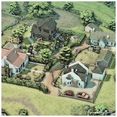 an artist's rendering of a large house in the middle of a green field