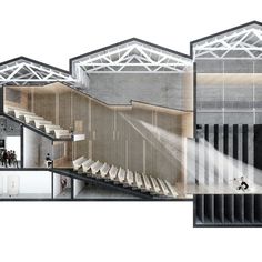 an architectural rendering of the interior of a building with people walking and sitting in it