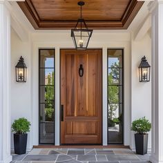 a front door with two potted plants on either side and one light hanging from the ceiling