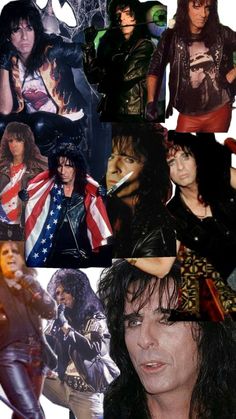 many different pictures of the same person in leather clothes and hair, one with an american flag on his shirt