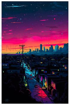 a painting of a city at night with the sun setting in the sky and stars above it