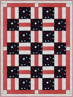 a red, white and blue quilt with stars on the border is shown in this image