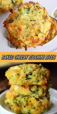 three different images of baked cheesy zucchini bites