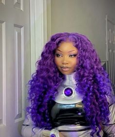 a woman with purple hair wearing a futuristic outfit