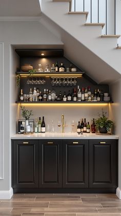 Staircase Storage Under Stairs Under Staircase Bar Ideas, Under The Stairs Dry Bar, Pantry Shelving Under Stairs, Under Stairs Beverage Center, Understairs Space Ideas, Under Stairs Wet Bar, Understairs Bar Ideas, Under Stair Wine Storage, Wet Bar Under Stairs