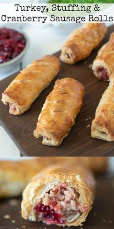 turkey stuffing and cranberry sausage rolls on a cutting board with the words turkey stuffing and cranberry sausage rolls