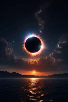 an eclipse is seen in the sky over water with mountains and clouds behind it at night