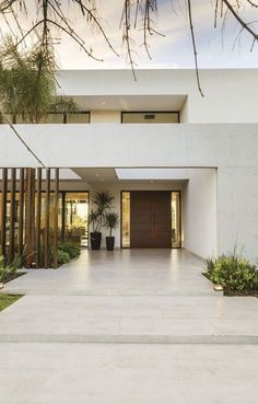 the front entrance to a modern house with large plants and potted trees on either side