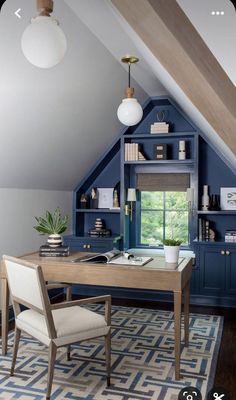 an attic office with built in desk and bookshelves, blue painted walls and white chairs