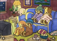 there are many teddy bears sitting in the living room with their blankets and hats on