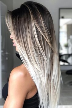 47+ Icy Blonde Balayage Hair Ideas Icy Blonde Dark Roots Balayage, Very Dark Balayage, Platinum Balayage On Brown Hair, Bold Blonde Balayage, Black Root Blonde Balayage, Brunette With Platinum Blonde Highlights, Baliage Hair 2024, Root Melt Brunette To Blonde Straight, Balayage Hair Blonde Straight Long