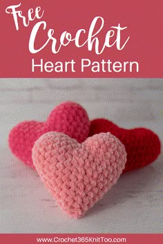 three crocheted hearts with text overlay that says free crochet heart pattern