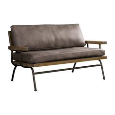 a metal and wood futon sofa with grey fabric upholstered on the back