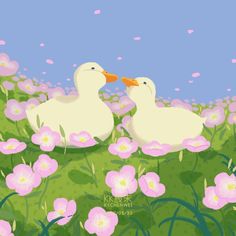 two white ducks sitting in the middle of pink flowers on a green field with blue sky behind them