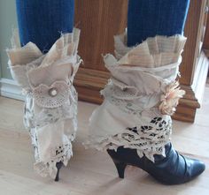 Upcycled Shabby Chic Tattered Spats in Ecru. Steampunk. Victorian. Repurposed boot toppers with doily and flower accents Shabby Chic Clothes, Boot Covers, Boot Toppers, Steampunk Victorian, Boot Bling, Boho Boots, Repurposed Clothing, Steampunk Diy, Altered Couture