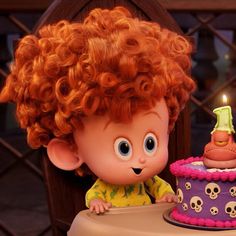 an animated character with red hair is next to a birthday cake