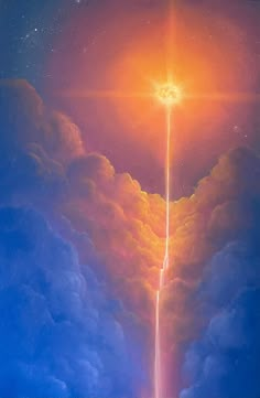 a painting of a bright light coming out of the clouds