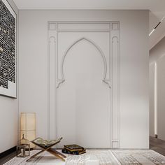 a room with a white door and rugs on the floor