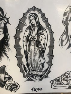 the virgin mary tattoo design is on display