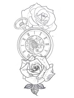 a drawing of a rose and an old pocket watch with the time being 11 00