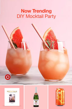 two glasses filled with drinks and garnished with fruit