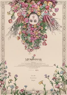 a poster with flowers in the middle and an image of a woman's face