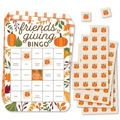 a calendar with pumpkins and leaves on it, next to several stickers that say friends giving bingo