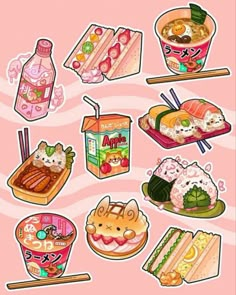 an image of sushi food stickers on a pink background with chopsticks