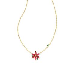 A cheery combination of sparkle and spirit, meet the Poinsettia Gold Short Pendant Necklace in Red Mix. A beloved symbol representing the merriment of the season, this bedazzled poinsettia pendant is sure to put you in the holiday mood. Short Pendant Necklace, Gold Shorts, Christmas Necklace, Holiday Mood, Poinsettia, Kendra Scott, Gold Plating, Mother Of Pearl, Pop Of Color