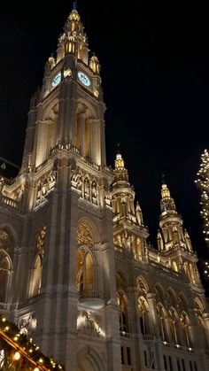 an ornate building lit up at night with christmas lights