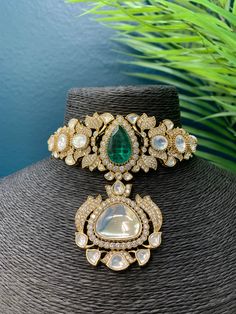 Victorian base (gold and silver ) brass made, uncut mossanite kundan . American diamond lining . Comes with matching stud earring. Earrings are about 1.25 inch long. Push back and very light weight. Formal Kundan Choker With Stone Work, Hand Set Kundan Choker Necklace, Hand Set Kundan Choker Necklace For Reception, Sabyasachi Earrings, Uncut Jewellery, Diamond Choker Necklace, Kundan Necklace, Diamond Choker, Choker Set