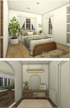 two different views of a bedroom with white walls and wood flooring, one in the middle