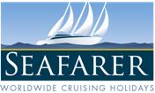 the seafare logo is shown in blue and white with a sailboat on it