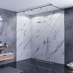 a bathroom with marble walls and flooring