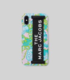 an iphone case with the words marcy bobs on it in white and blue