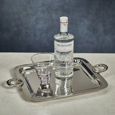 a bottle of gin on a tray next to a shot glass and silver serving tray