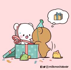 a cartoon bear is opening a gift box with a thought bubble above it that says happy birthday